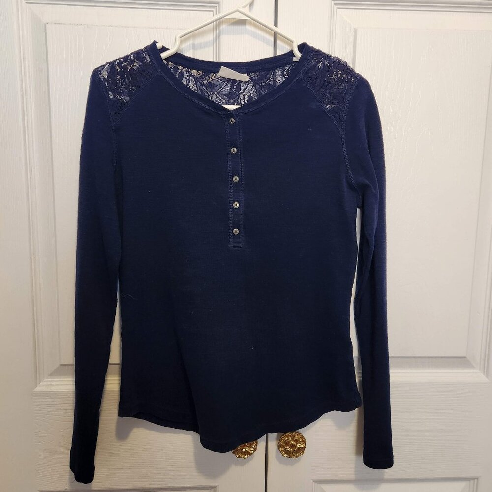 Cotton Navy Blue Long-Sleeve Henley with Lace Detail